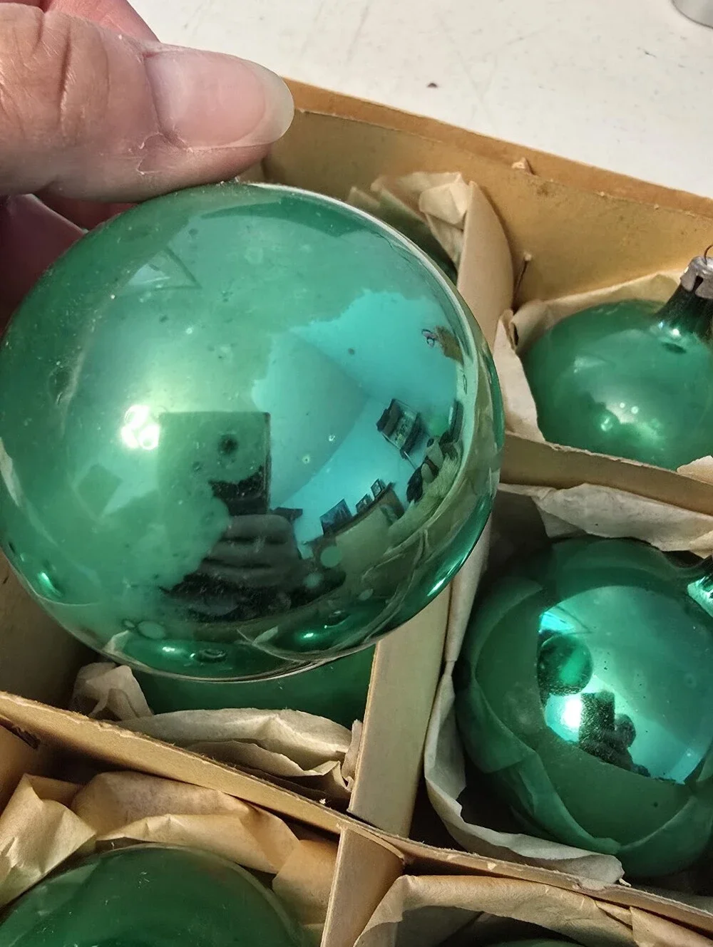Vintage  Box Of 9 Green Glass  Round Poland Christmas Tree Ornaments READ